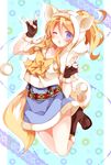  ;o \n/ animal_hood ayase_eli blonde_hair blue_eyes double_\n/ fingerless_gloves fox_tail gloves hood long_hair love_live! love_live!_school_idol_project mogu_(au1127) one_eye_closed ponytail smile solo tail 