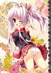  ;d absurdres ass bag blouse blue_eyes blush casual flower highres long_hair long_sleeves musical_note one_eye_closed open_mouth panties plaid plaid_skirt ponytail purple_hair shiramori_yuse shoulder_bag skirt smile solo underwear white_panties 