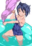  absurdres animal_ears arcana_heart bad_id bad_pixiv_id bare_shoulders blue_hair cameltoe cat_ears collarbone daidouji_kira grin highres looking_at_viewer one-piece_swimsuit orange_eyes orochi_itto red_eyes school_swimsuit short_hair smile solo swimsuit towel undressing wading_pool 