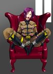  arms_behind_back ball_gag bdsm bondage bound breasts brown_eyes chair ebikani full_body gag gagged highres large_breasts military military_uniform nipple_clamps purple_hair rope shibari short_hair sitting solo spread_legs spreader_bar the_king_of_fighters uniform vibrator_on_nipple whip_(kof) 