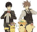  2boys alternate_costume belt black_hair bow bowtie brown_hair clothed_pokemon facial_hair formal gen_1_pokemon growlithe hiyokko_ep jacket_over_shoulder male_focus multiple_boys mustache ookido_green pikachu pokemon pokemon_(creature) pokemon_(game) pokemon_bw pokemon_rgby red_(pokemon) red_(pokemon_rgby) spiked_hair suit vest 