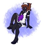  anthro breasts canine clothed clothing cosplay female hair high_heels hindpaw legwear looking_at_viewer maid maid_uniform mammal mewgle paws plain_background sherri_mayim solo stockings toes 