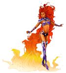  1girl alien armor boots cutout dc_comics female fiery_hair fire gradient_hair green_eyes hip_vent long_hair multicolored_hair no_pupils orange_skin solid_eyes solo starfire thigh_boots thighhighs vambraces 