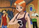  animated animated_gif black_hair breasts cleavage enies_lobby green_hair lowres monkey_d_luffy nami nami_(one_piece) one_piece orange_hair roronoa_zoro shirt_pull tattoo 