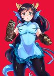  :o black_gloves black_hair black_legwear blue_dress blue_eyes brass_knuckles breasts china_dress chinese_clothes clenched_hands dragon_girl dragon_horns dragon_tail dress elbow_gloves gauntlets gloves head_fins horns karin_(p&amp;d) large_breasts long_hair low-tied_long_hair onaramaru pantyhose puzzle_&amp;_dragons scales short_sleeves solo spiked_knuckles spikes tail v-shaped_eyebrows weapon 
