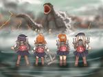  akatsuki_(kantai_collection) anchor back battle black_hair blouse brown_hair brown_legwear cannon cloud crossover fire flat_cap folded_ponytail godzilla godzilla_(series) hair_ornament hat hibiki_(kantai_collection) ikazuchi_(kantai_collection) inazuma_(kantai_collection) kaijuu kantai_collection long_hair long_sleeves monster multiple_girls ocean pantyhose sasshii school_uniform serafuku sharp_teeth short_hair silver_hair skirt smoke socks teeth thighhighs thunder turret water white_hair 