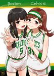  arm_around_neck bangs basketball basketball_uniform black_hair blunt_bangs blush boston_celtics braid brown_eyes brown_hair cheek-to-cheek headband jersey kantai_collection kevin_garnett kitakami_(kantai_collection) kuma_(crimsonvanilla) long_hair multiple_girls national_basketball_association ooi_(kantai_collection) open_mouth paul_pierce shorts smile sportswear 