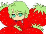 arthur_rank chibi food fruit green_hair lowres male male_focus sentou_mecha_xabungle solo strawberry 