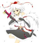  animal_ears bare_shoulders breasts detached_sleeves hat highres inubashiri_momiji looking_at_viewer midriff moai_ex navel pom_pom_(clothes) red_eyes sarashi short_hair silver_hair simple_background small_breasts solo sword tail tokin_hat touhou weapon weapon_bag white_background wolf_ears wolf_tail 