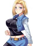  alternate_breast_size android_18 blonde_hair blue_eyes breasts casual covered_nipples dragon_ball dragon_ball_z earrings jewelry large_breasts megane_man navel pantyhose pencil_skirt short_hair simple_background skirt solo white_background 