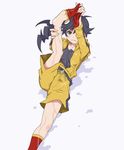  1girl araragi_karen black_hair feet female legs maruto! md5_mismatch monogatari_(series) nisemonogatari no_shoes shorts single_sock sock_pull socks soles solo sweat 