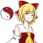  alice_margatroid ascot blonde_hair blue_eyes blush bow collarbone cosplay detached_sleeves hair_bow hakurei_reimu hakurei_reimu_(cosplay) mi_jin sarashi short_hair solo touhou yin_yang 