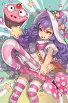  2012 alternate_costume animal_ears artist_name bittersweet_lulu candy dated food hat heterochromia league_of_legends long_hair lulu_(league_of_legends) open_mouth panties pink_eyes pix purple_hair racoona star striped striped_legwear striped_panties thighhighs underwear wizard_hat yellow_eyes 