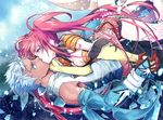  1girl blue_background closed_eyes couple gloves grey_eyes grey_hair hetero jako_(toyprn) kiss long_hair loni_dunamis nanaly_fletch pants red_hair shirt short_shorts shorts tales_of_(series) tales_of_destiny_2 tan twintails 