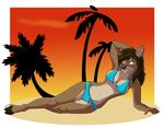  beach breasts cervine deer fcsimba female hair hooves mammal palm_tree seaside solo summer sunbathing sunset yellow_eyes 