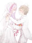  1girl ahoge alternate_hairstyle bouquet bridal_veil bride brown_hair closed_eyes couple danganronpa danganronpa_1 dress elbow_gloves flower formal gloves hair_up head_wreath hetero hood hoodie kirigiri_kyouko naegi_makoto niji_(apricotxx) purple_hair smile suit veil wedding wedding_dress white_dress 