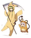  ? androgynous blush borrowed_character chibi cosplay dedenne dedenne_(cosplay) gen_1_pokemon gen_6_pokemon green_hair hijiri_(resetter) libertas_(nyori) long_hair multiple_boys open_mouth original otoko_no_ko pikachu pikachu_(cosplay) pokemon red_eyes scythe short_hair smile trance_(hijiri) white_hair 