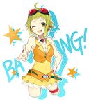  ;d ahoge bad_id bad_pixiv_id belt chisumi choker finger_gun goggles goggles_on_head green_eyes green_hair gumi one_eye_closed open_mouth short_hair skirt smile solo vocaloid 