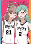  aqua_hair arm_around_neck arm_around_waist basketball basketball_uniform blush brown_hair closed_eyes english hair_ornament hairclip hand_on_another's_head jersey kantai_collection kawhi_leonard kuma_(crimsonvanilla) kumano_(kantai_collection) long_hair looking_at_another multiple_girls national_basketball_association open_mouth ponytail san_antonio_spurs smile sportswear suzuya_(kantai_collection) tears tim_duncan 