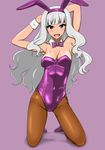  animal_ears arms_up bare_shoulders bow bowtie breasts bunny_ears bunnysuit cleavage detached_collar highres idolmaster idolmaster_(classic) janjan_umatarou long_hair medium_breasts pantyhose purple_eyes shijou_takane silver_hair tan tanline wrist_cuffs 