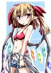  bikini_top blonde_hair blush character_name clothes_around_waist flandre_scarlet food hemogurobin_a1c long_hair mouth_hold no_hat no_headwear pocky pointy_ears red_eyes shorts side_ponytail solo striped striped_background touhou unzipped wings 