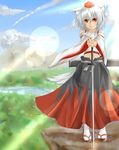  absurdres animal_ears bare_shoulders blush day detached_sleeves hat highres inubashiri_momiji judo_fuu long_sleeves looking_away midriff pom_pom_(clothes) red_eyes sandals short_hair silver_hair sky smile solo sword tail tokin_hat touhou weapon weapon_bag wolf_ears wolf_tail 