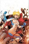  ame-comi blonde_hair blue_eyes boots breasts cape chains cleavage cleavage_cutout cutout dc_comics earrings fabino_mantovani gauntlets gloves highleg highleg_leotard hips jewelry kryptonian leotard lipstick makeup navel power_girl red_cape robots screw short_hair solo thighhighs thighs toned 