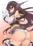  ass blush breasts brown_eyes brown_hair covered_nipples dot_triangle elbow_gloves fingerless_gloves from_behind gloves hobby_(kento) jewelry kantai_collection large_breasts long_hair looking_back miniskirt nagato_(kantai_collection) panties ring skirt solo sweatdrop thick_thighs thighhighs thighs translation_request underwear undressing wedding_band 