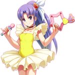  choker cosplay creamy_mami creamy_mami_(cosplay) cure_fortune frilled_skirt frills hair_ornament happinesscharge_precure! heart heart_hair_ornament highres hikawa_iona instrument leotard long_hair looking_at_viewer lumina_star magical_girl mahou_no_tenshi_creamy_mami ponytail precure purple_hair sayousuke simple_background skirt smile solo tambourine weapon_connection white_background wide_ponytail yellow_leotard 