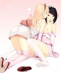  all_fours ass bad_id bad_pixiv_id bare_shoulders black_eyes black_hair blonde_hair blush bob_cut breasts closed_eyes dress elbow_gloves eventh7 feet gloves highres imminent_kiss large_breasts long_hair mary_janes multiple_girls nipples no_bra original pink_dress shoes shoes_removed short_hair single_shoe sitting strap_slip thighhighs white_dress white_gloves white_legwear yuri 