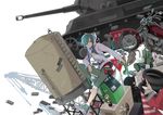  2girls bad_id bad_pixiv_id caterpillar_tracks commentary_request crane explosive green_hair grenade ground_vehicle hood hoodie kagerou_project kano_shuuya kido_tsubomi kokeshi kozakura_marry long_hair military military_vehicle motor_vehicle motorcycle multiple_boys multiple_girls panzerkampfwagen_iv phone red_eyes road_sign sennro seto_kousuke shoes sign skull sneakers tank tank_(container) tire walkie-talkie water_tank white_background white_hair 