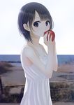  apple bangs bare_arms bare_shoulders black_hair blue_eyes blush dress food from_side fruit holding holding_food holding_fruit kentaurosu looking_at_viewer looking_to_the_side open_mouth original short_hair sleeveless sleeveless_dress solo white_dress 