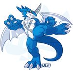  biceps blue_skin body_markings digimon dragon exveemon horn invalid_tag kicking male markings muscles pecs pose red_eyes reptile scalie solo standing toned weremagnus wings 