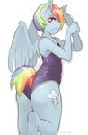  anthro anthrofied blue_fur butt cutie_mark equine eyelashes female friendship_is_magic fur hair horse looking_at_viewer mammal multi-colored_hair my_little_pony one-piece_swimsuit pegasus plain_background pony purple_eyes rainbow_dash_(mlp) rainbow_hair raspdraws solo swimsuit the-rasp-b white_background wings 