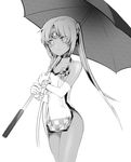  closed_mouth cowboy_shot elsword eve_(elsword) flat_chest greyscale highres kfc01 long_hair monochrome race_queen solo swimsuit umbrella 