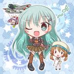  aircraft airplane animal bag blue_background blush brown_hair cat chibi eighth_note error_musume fairy_(kantai_collection) green_eyes green_hair hat holding holding_animal kantai_collection komakoma_(magicaltale) long_hair minigirl multiple_girls musical_note one_eye_closed open_mouth paper_airplane purple_hair ribbon riding short_hair shoshinsha_mark smile solid_circle_eyes star suzuya_(kantai_collection) type_0_reconnaissance_seaplane white_cat 