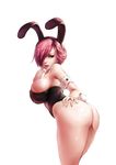  absurdres animal_ears ass bad_id bad_pixiv_id bare_shoulders breasts bunny_ears bunny_girl bunny_tail hair_over_one_eye hairband highres large_breasts looking_at_viewer oinari_risuru original red_eyes red_hair shiny shiny_skin short_hair solo tail wrist_cuffs 