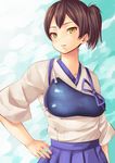  arios_(orochi_yuta) breasts brown_eyes brown_hair hand_on_hip kaga_(kantai_collection) kantai_collection looking_at_viewer medium_breasts muneate parted_lips side_ponytail solo tasuki 