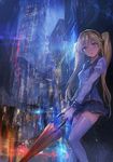  blonde_hair blue_eyes city cityscape closed_umbrella hairband highres lm7_(op-center) long_hair looking_at_viewer night open_mouth original outdoors rain school_uniform serafuku sketch solo thighhighs twintails umbrella white_legwear zettai_ryouiki 