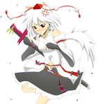  anger_vein animal_ears bare_shoulders blush breasts detached_sleeves hat highres inubashiri_momiji looking_at_viewer midriff moai_ex navel pom_pom_(clothes) red_eyes sarashi short_hair silver_hair simple_background small_breasts solo sword tail tokin_hat touhou weapon weapon_bag white_background wolf_ears wolf_tail 