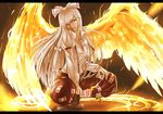  boots bow brown_footwear cigarette cross-laced_footwear embers fiery_wings fire fujiwara_no_mokou hair_bow hair_ribbon long_hair long_sleeves moku. ofuda pants red_eyes red_pants ribbon shirt solo squatting suspenders touhou tress_ribbon very_long_hair white_hair white_shirt wings 