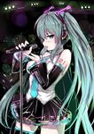  bad_id bad_pixiv_id blue_eyes detached_sleeves green_hair hatsune_miku headphones highres long_hair microphone microphone_stand necktie skirt solo tattoo thighhighs tongue twintails very_long_hair vocaloid zheyi_parker 
