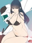  ban bangs bare_shoulders bikini black_eyes black_hair blunt_bangs breasts cleavage curvy error gloves gun handgun kanuka_clancy kidou_keisatsu_patlabor large_breasts light_smile looking_at_viewer mecha navel o-ring o-ring_bikini pistol sitting solo string_bikini swimsuit weapon white_gloves 