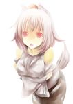  animal_ears bare_shoulders breast_hold breasts collarbone detached_sleeves hat inubashiri_momiji large_breasts looking_at_viewer open_mouth pom_pom_(clothes) red_eyes short_hair silver_hair simple_background solo sorato_jun tail tokin_hat touhou white_background wolf_ears wolf_tail 