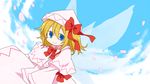  blonde_hair blue_hair bow day dutch_angle fairy fairy_wings hat hat_bow hat_ribbon leaning_forward lily_white looking_at_viewer petals ribbon short_hair sky smile solo touhou wings yamabuki_(yusuraume) 