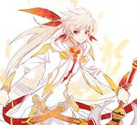  albino coat feathers fusion heke kamui_(tales_of_zestiria) lailah_(tales) long_hair male_focus ponytail red_eyes smile solo sorey_(tales) sword tales_of_(series) tales_of_zestiria weapon white_hair 