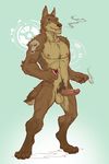  anthro badcoyote balls biceps canine cigarette coyote digitigrade erection humanoid_penis looking_at_viewer male mammal nude penis plain_background pubes smoking standing tattoo 