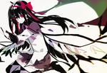  akemi_homura akuma_homura argyle argyle_legwear bad_id bad_pixiv_id black_hair bow covering_one_eye feathered_wings hair_bow high_heels long_hair magical_girl mahou_shoujo_madoka_magica mahou_shoujo_madoka_magica_movie purple_eyes red_(girllove) red_ribbon ribbon sitting skirt smile solo spoilers thighhighs wings zettai_ryouiki 