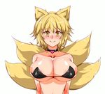  animal_ears animated animated_gif bare_shoulders bikini black_bikini blonde_hair bouncing_breasts breasts bursting_breasts closed_eyes collar covered_nipples emofuri fox_ears fox_tail large_breasts looking_at_viewer md5_mismatch no_hat no_headwear nyuu_(manekin-eko) open_mouth simple_background slit_pupils smile solo swimsuit tail touhou ugoira_conversion upper_body white_background yakumo_ran yellow_eyes 