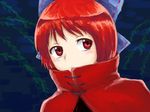  absurdres blue_background bow cape faux_traditional_media hair_bow highres kisamu_(ksmz) light_frown looking_away red_eyes red_hair sekibanki short_hair solo touhou upper_body willow 